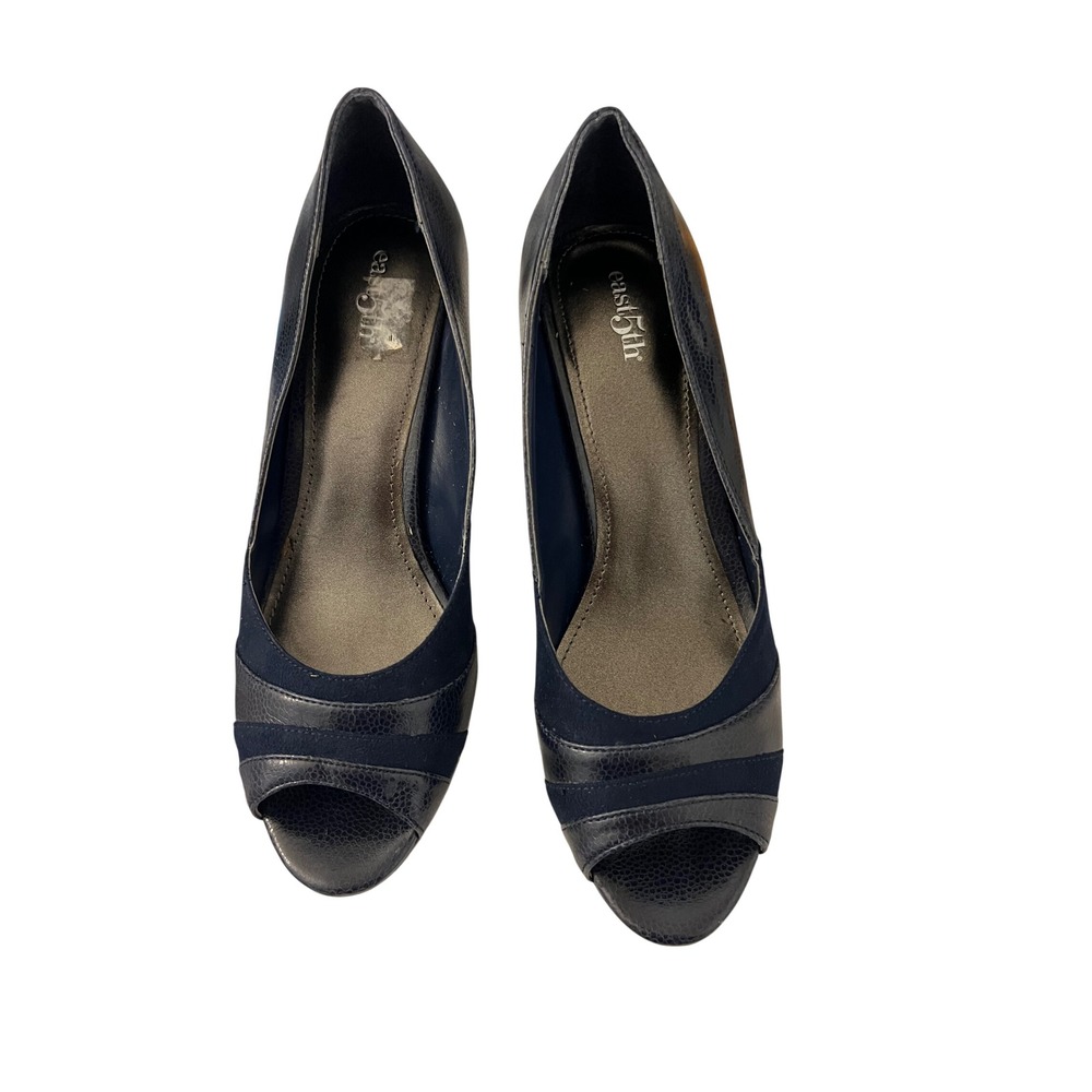 East 5th Navy Blue Peep Toe Pumps Mixed Media Stiletto Heels 7.5M 024-5074